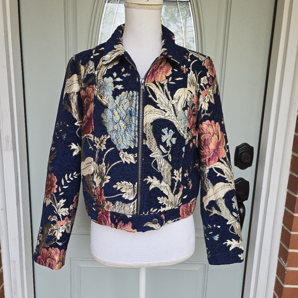 Jack By BB Dakota Brocade Betty Navy Blue Floral Print Jacket